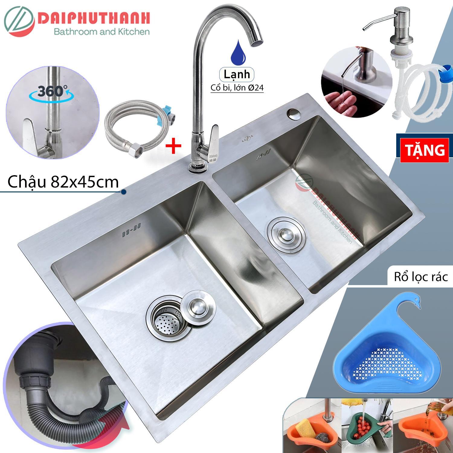 COMBO Chậu Rửa Bát Inox 2 Hộc 82x45cm Kèm Vòi - Chậu đủ xi phông, 2 lựa chọn vòi, tặng 2 món phụ kiện
