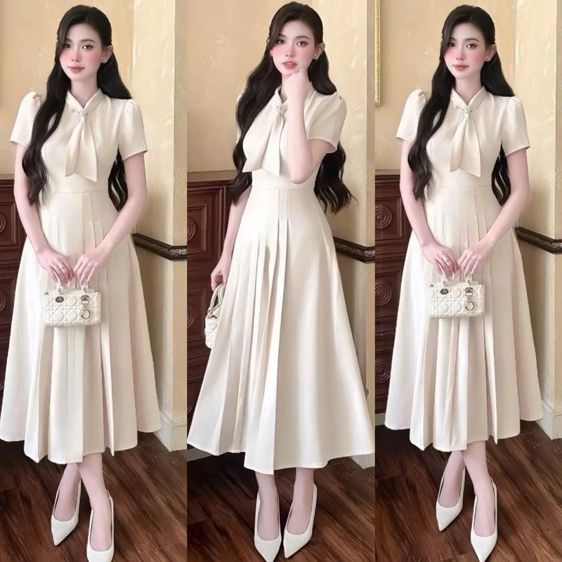 B107 Váy đầm tiểu thư váy dáng dài Miju thiết kế nơ điệu đà kèm tag hoa mai đi làm đi tiệc