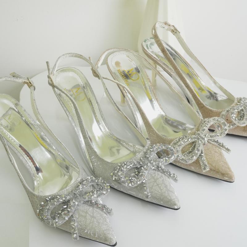  Giày cao gót Nữ chất kim sa phối nơ màu sắc siêu xinh 2 màu Vàng đồng và Bạc form chuẩn size gót 8p mã TD501 