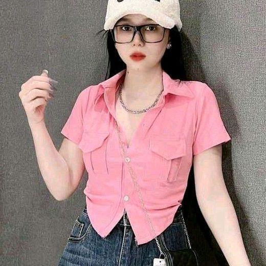 Áo sơ mi nữ chất thun co dãn cộc tay có túi 2 bên croptop ôm dáng dễ thương 1