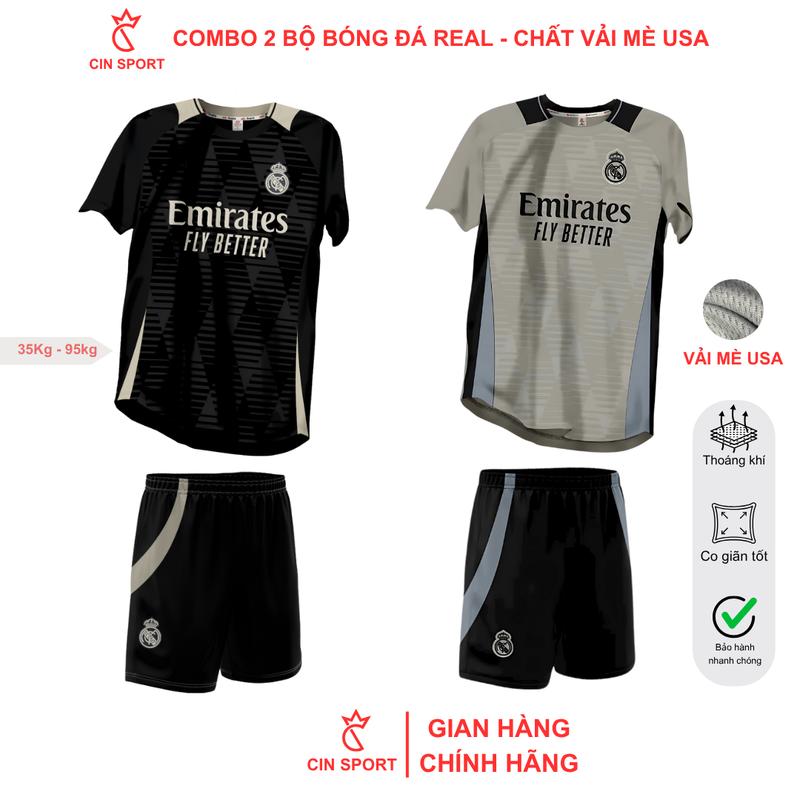 COMBO 2 BỘ QUẦN ÁO BÓNG ĐÁ REAL SÂN TẬP MÙA MỚI 2025 CHẤT VẢI MÈ COOL USA CAO CẤP, CO GIẢN TỐT, THOÁNG KHÍ, NHANH KHÔ, MỊN DA. CIN SPORT áo  real Thun Nam