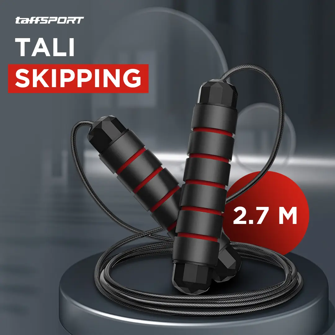 TaffSPORT Tali Skipping: Latihan Kardio Efisien & Nyaman.  Desain Ergonomis, Pegangan Empuk, Tali Lentur 2,7m, Sistem Bearing Halus untuk Putaran Lancar. Ideal untuk Meningkatkan Daya Tahan & Membakar Kalori.