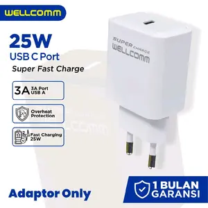 Wellcomm Adaptor 25W USB C Port Super Fast Charge 3A Port USB A Proteksi Overheat Garansi 1 Bulan