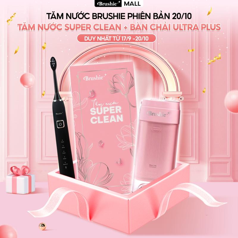 [OFFICIAL] Combo bàn chải điện Brushie Ultra Plus tích hợp đầu rửa mặt hỗ trợ làm sạch hiệu quả và tăm nước Brushie SuperClean 17 chế độ làm sạch chuyên biệt -  Tặng 2 túi canvas + 2 kem đánh răng + 4 sticker VN