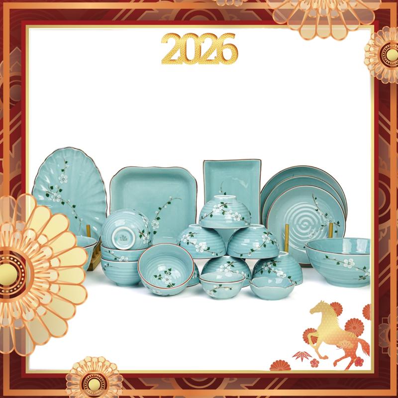  Bộ Bát Đĩa Men Xanh Hoa Đào Trắng Vẽ Tay  - Gốm Sứ Bát Tràng Linh Khang 