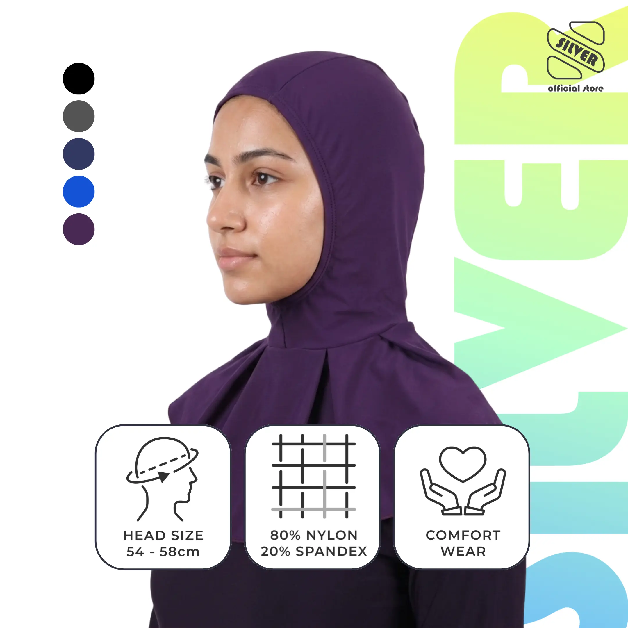 SILVER Topi Renang Kain Hijab Dewasa Nylon Spandex Adult Fabric Swimcap - 17013