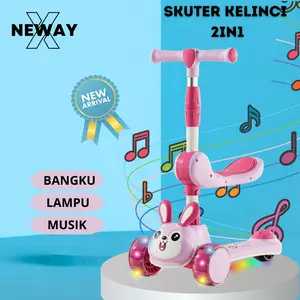 NewayX Skuter Mainan Anak Kelinci Smile 2 in 1 Scooter Lipat 2in1 Bangku Roda Tiga Lampu Musik Rem Toys