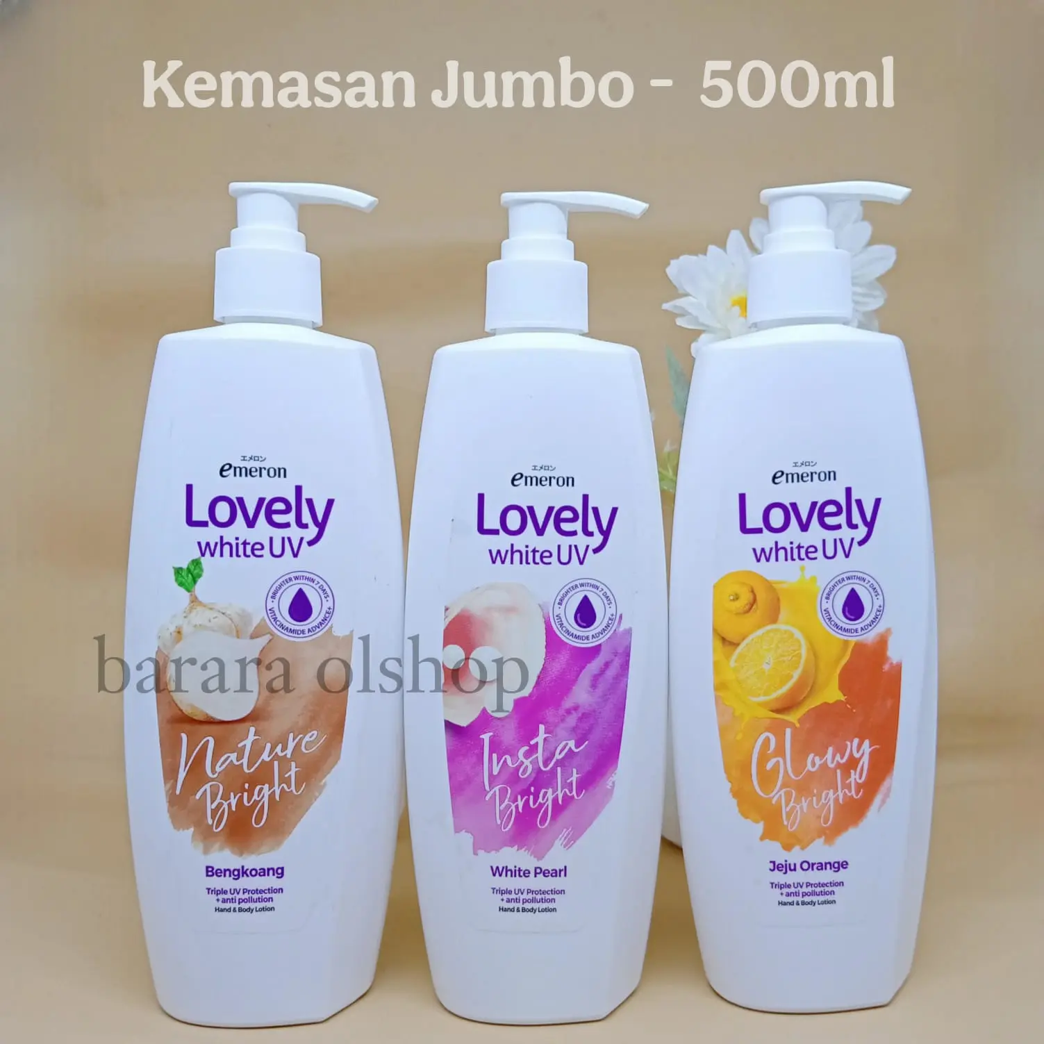 Emeron Lovely Body Lotion Kemasan Jumbo Pump 500ml - Aroma Bengkoang/white pearl/jeju orange