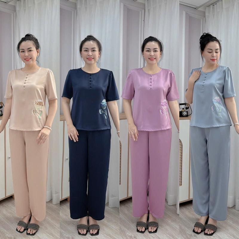 Đồ Bộ Trung Niên Lụa Ngọc Trai Cao Cấp Thêu Hoa Tú Cầu, Thiết Kế Thanh Lịch, Dịu Dàng, Có Size, Bigsize, bộ trung niên cho mẹ, đồ bộ trung niên u50 cao cấp, đồ bộ trung niên cho mẹ u60, đồ bộ trung niên cho mẹ u40 sang chảnh, đồ bộ người già, đồ bộ nữ