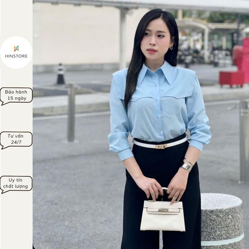 Áo sơ mi công sở HINSTORE áo sơ mi dài tay cổ đức đáp phủ vai tay bồng vải thô hàn 368