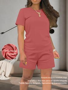 Conjunto casual de verano para mujer, corte regular, top de manga corta y shorts, color liso, cómodo para uso diario