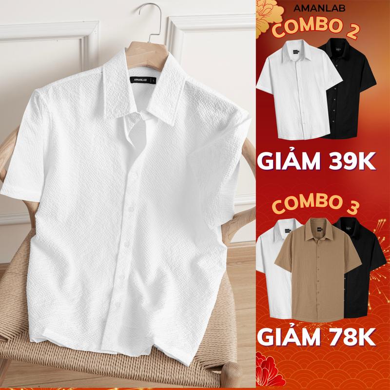  AMANLAB Áo sơ mi nam ngắn tay chất liệu cotton và linen nhẹ nhàng form regular fit thấm hút mồ hôi nhanh chóng phù hợp mọi dịp 