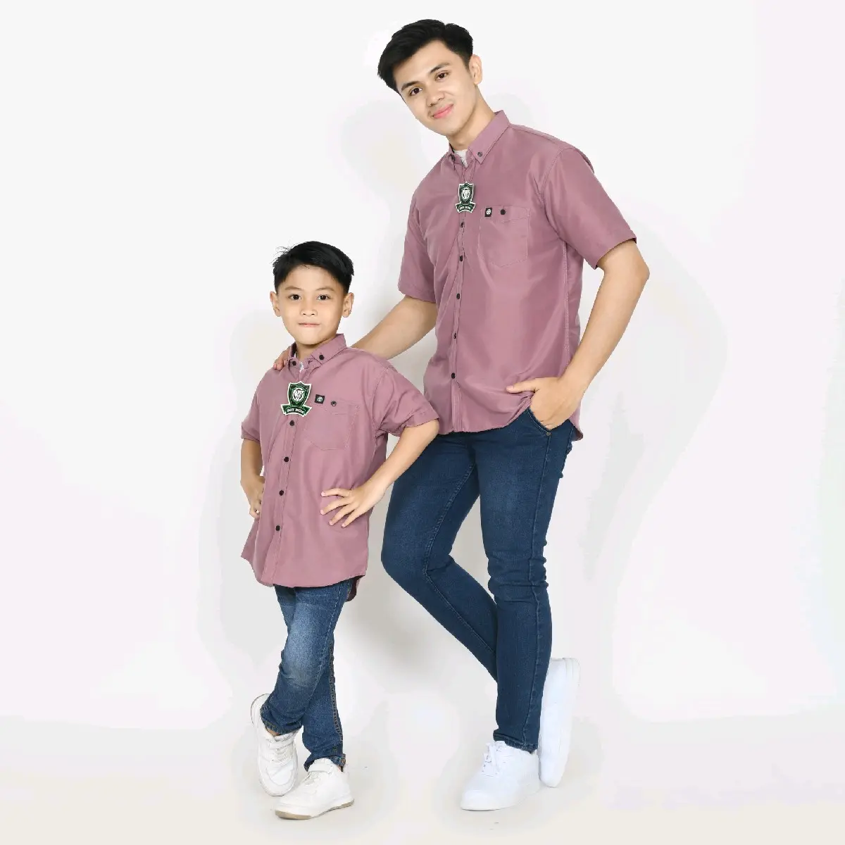 Kemeja polos couple ayah dan anak lengan pendek dusty ungu Katun Baju Panjang Motif Keluarga Pasangan Setelan