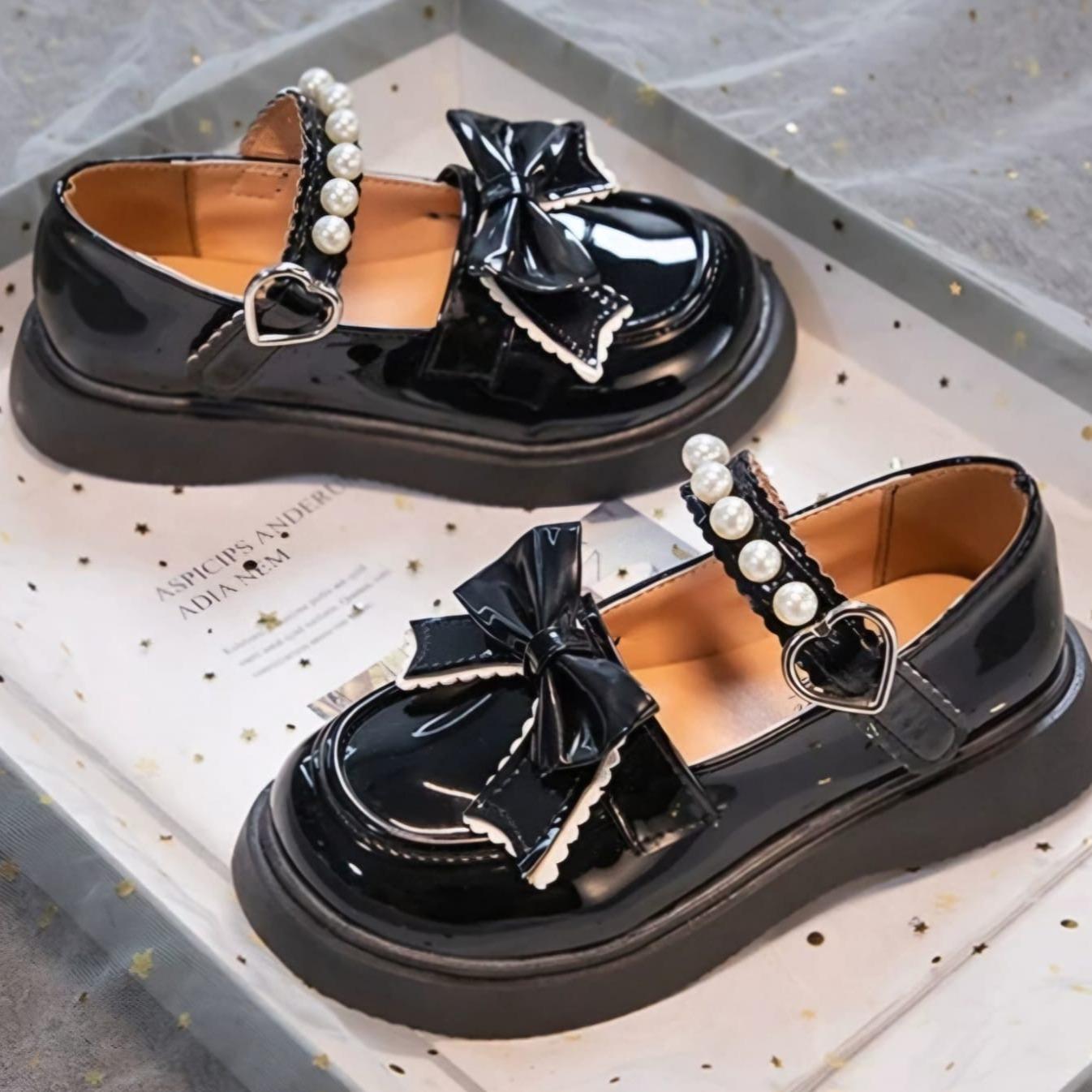 DM KIDS - Sepatu Docmart Anak Perempuan Model Loafers Variasi Pita Hiasan Manik Lucu Sepatu Formal Anak AS 205