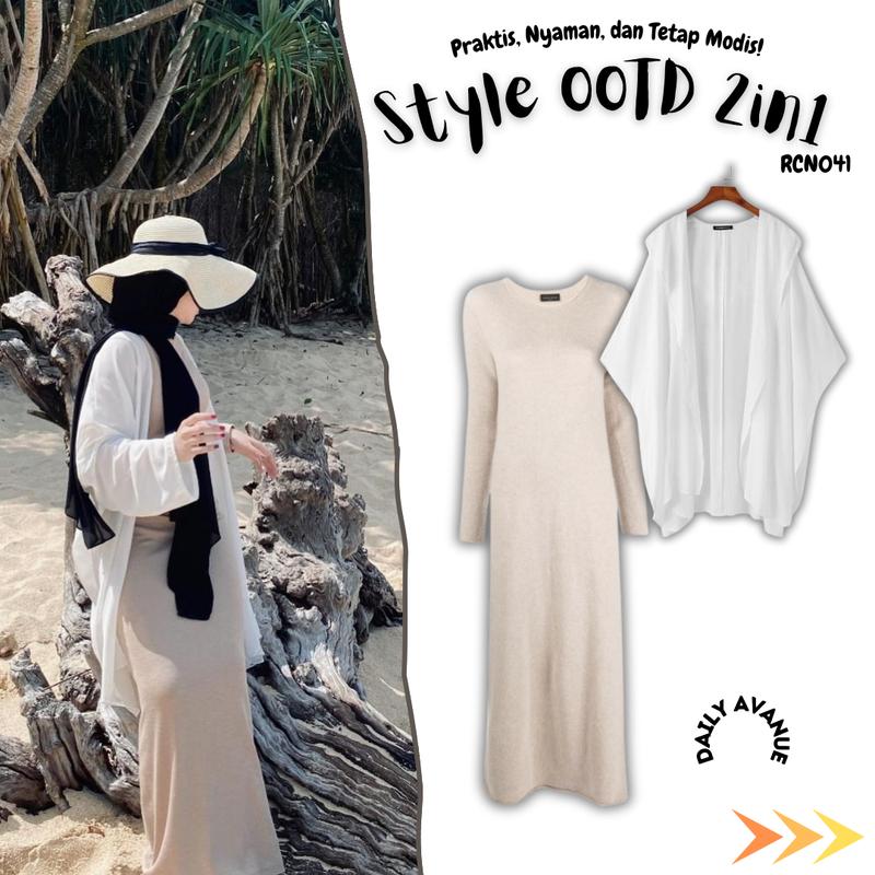 Style One set OOTD 3in1 Wanita Kekinian Long Dress Knit & Topi pantai lebar list hitam MIX Cardigan Outer Cardy Premiun Kualitas Bagus Polos Nyaman Panjang 1
