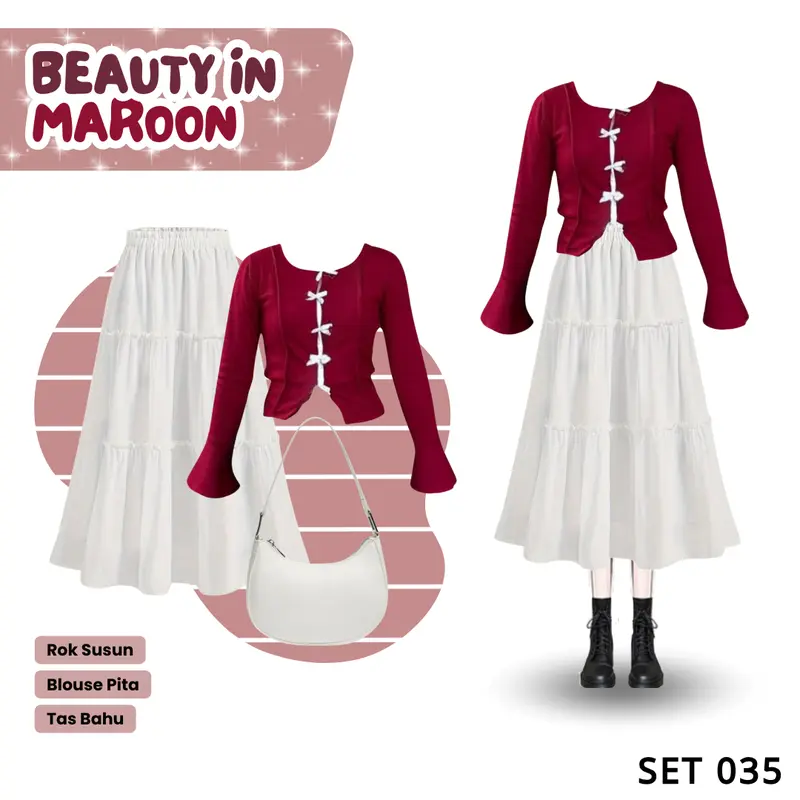 Setelan Wanita Kekinian (Blouse Pita + Rok Susun + Tas Putih) | Setelan wanita kombinasi warna maroon dan putih yang cocok untuk kegiatan santai, terbuat dari bahan rib yang lembut | SET 035 0