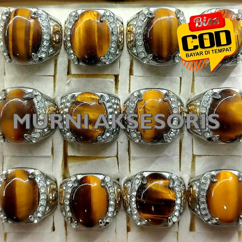 Murni Aksesoeis. cincin batu akik Tiger Eye, Biduri Sepah. alami natural batu akik, ring model Titanium anti karat.
