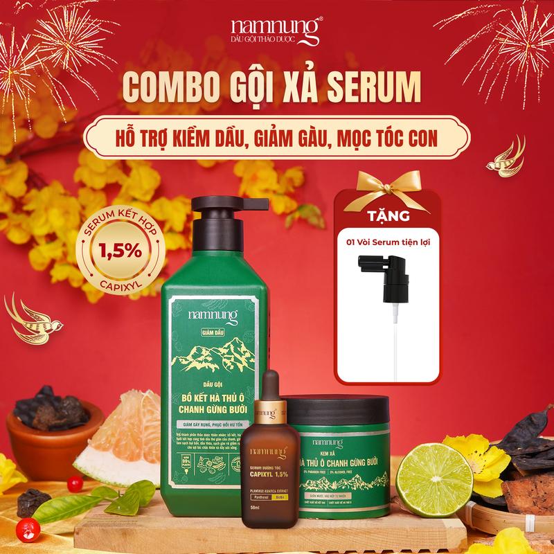   FLASH SALE  Dầu gội thảo dược bồ kết NamNung 500ml và kem xả thảo dược 200gr cùng serum thảo dược Capixyl 1.5% hỗ trợ mọc tóc giảm rụng suôn mượt Chăm sóc tóc Dưỡng tóc nữ - Giảm 39% 
