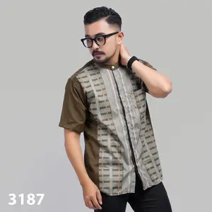PAKAJI Baju Koko Pria Bordir Lengan Pendek Premium Olive Green Motif Zigzag Horizontal Baju Koko 041 B