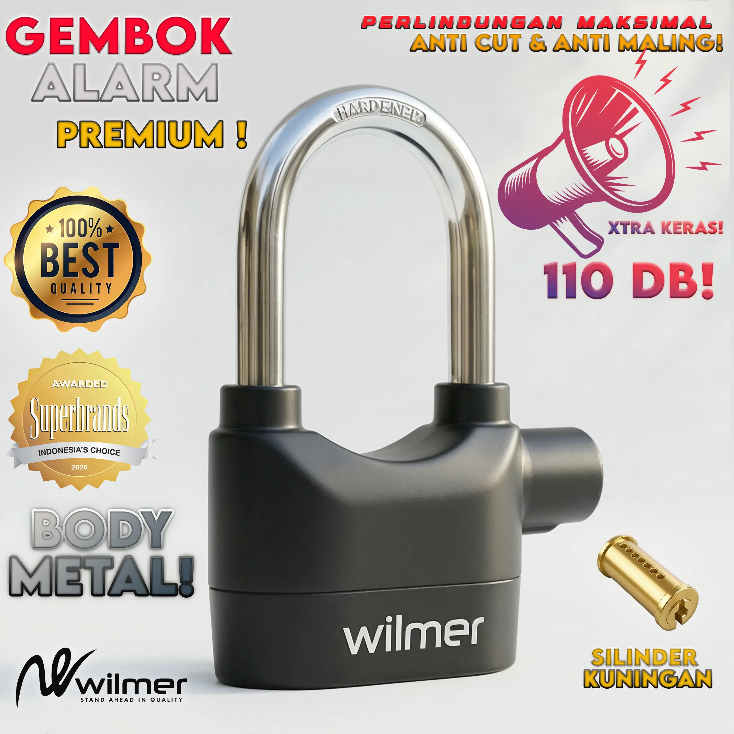 GEMBOK ALARM PREMIUM 70 MM LEHER PANJANG BODY METAL, ANTI MALING BUAT MOTOR, PAGAR, SUARA EXTRA KERAS 110 DB, SENSITIF TERHADAP GETARAN, GERAKAN DAN ANTI BOBOL, SILINDER FULL KUNINGAN