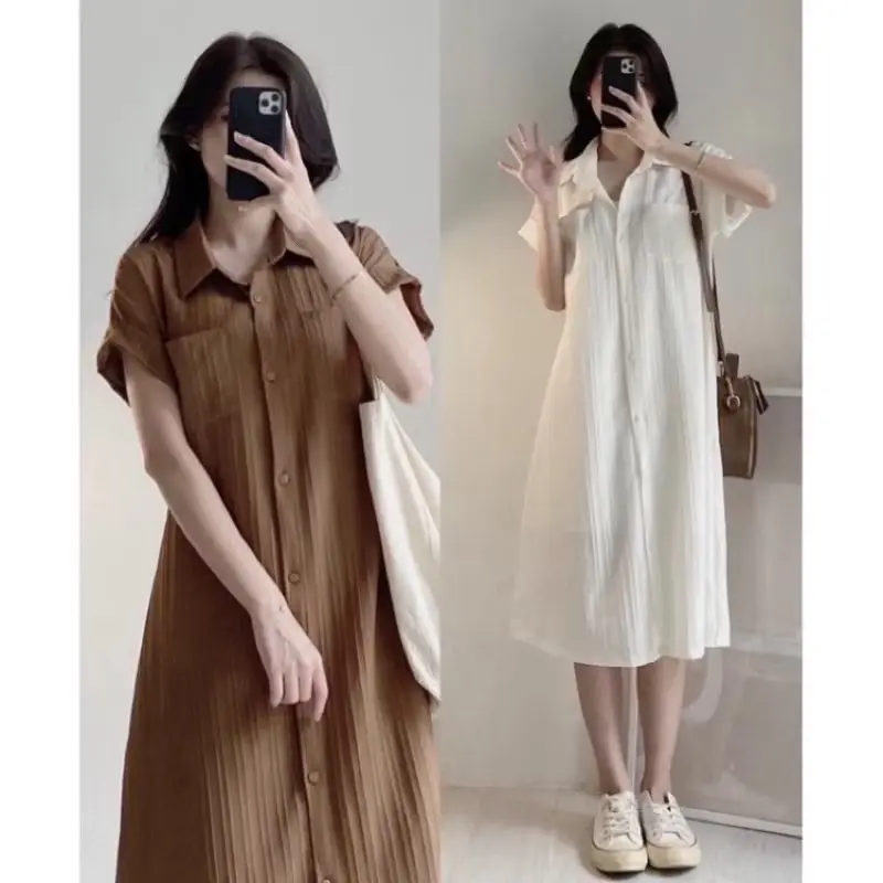Váy bầu cộc tay sơ mi chất liệu đũi gân from rộng mặc mát