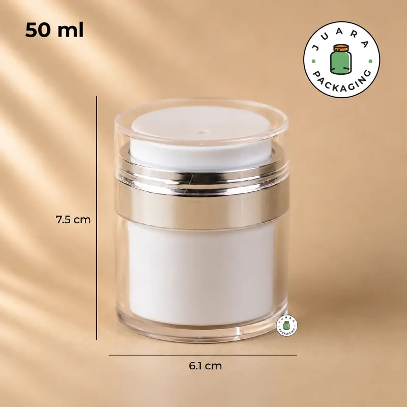 Pot Cream Airless 30ml Bahan Akrilik dengan List Silver & Pump – Wadah Kosmetik Elegan untuk Skincare, Krim Wajah, Lotion, Serum, Kemasan Refill Jar Premium 30 ml