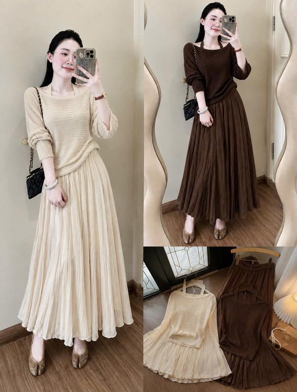 Set 3 món áo trễ vai dài tay mix áo yếm trong phối chân váy dài tơ xòe KAZY S578