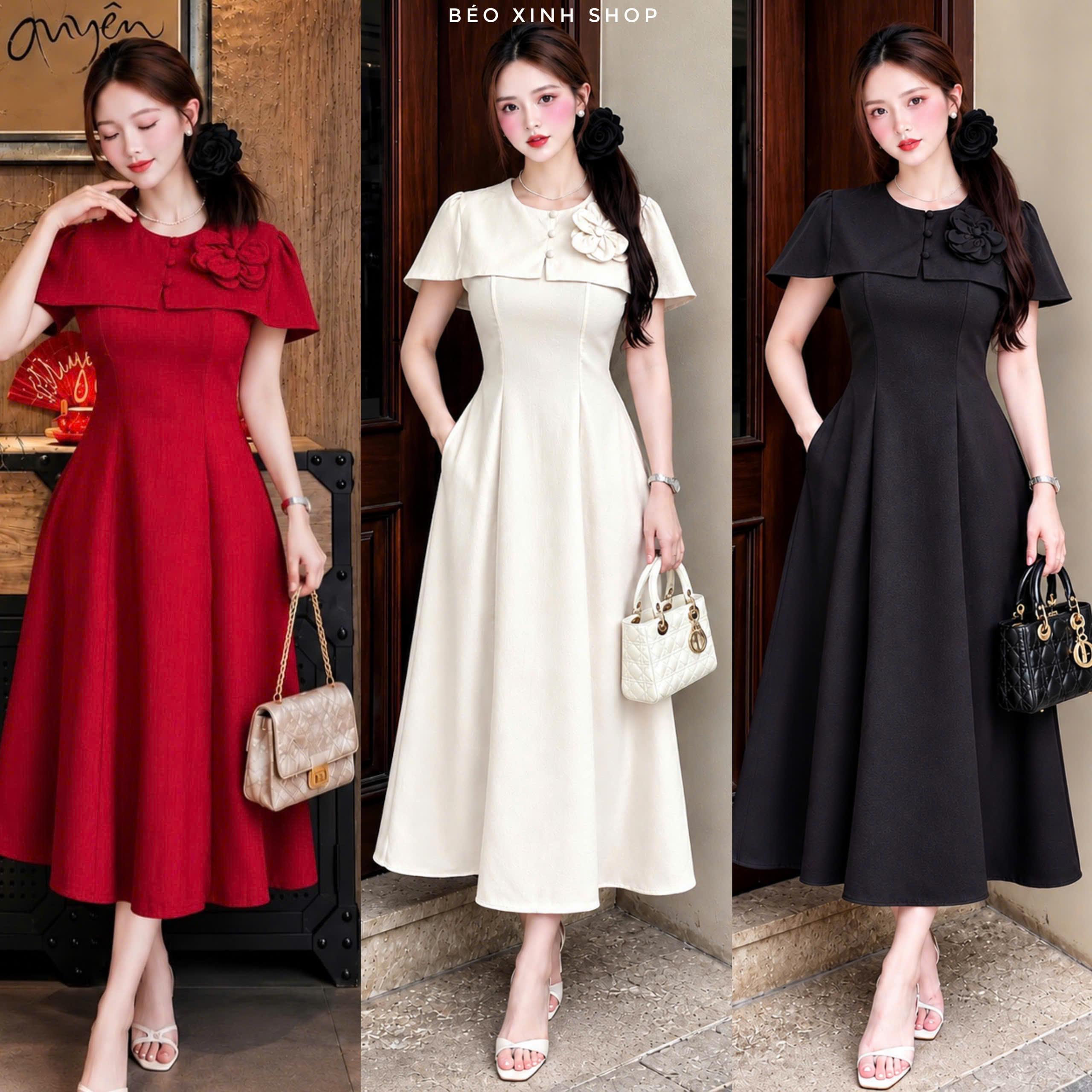 Đầm Nữ Linen Pháp Đính Hoa Nổi Vai Choàng Tùng Xòe Thanh Lịch Bigsize Béo Xinh Shop 40–90kg - A.1879