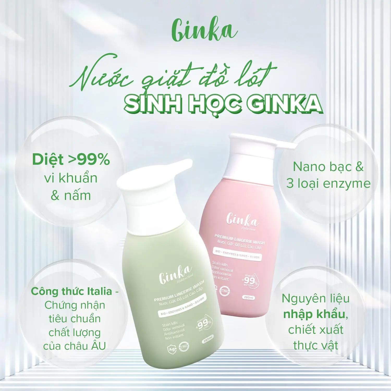 Nước giặt đồ lót sinh học cao cấp Ginka - Chứng nhận loại bỏ 99.9% nấm và vi khuẩn, làm sạch, khử mùi, an toàn cho da 280ml