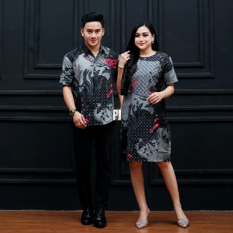 Baju Batik Couple Lengan Pendek Terbaru Motif Kopri Biru Pasangan Dewasa - Wanita Katun Dress Sarimbit 5