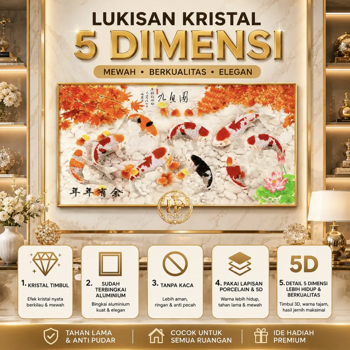 HOKIPAINTING Lukisan 5D Porcelain Kristal Timbul Diamond Ikan Koi 9 Ekor Lukisan Koi Teratai Orange Fengshui 5 Dimensi Pajangan Dinding Rumah Aesthetic