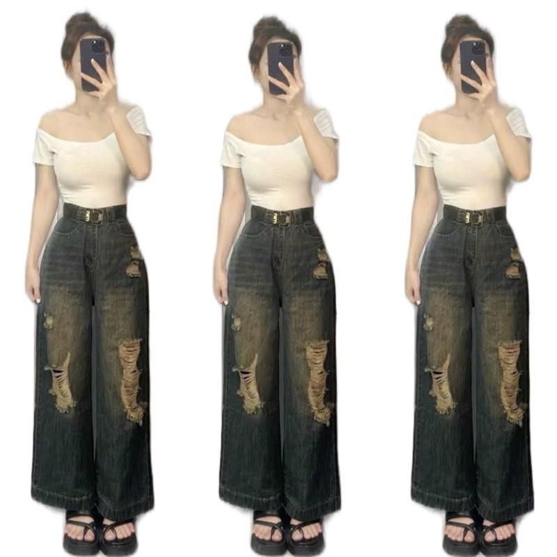  CóBIGSIZE  Dài 95cm   Suông Quần Jean Nữ Lưng Cao Ống suông Rách Dành cho các t y thích cá tính 