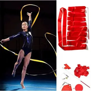 Berwarna-warni Tongkat panjang +Twirl Ribbon pita balet Tongkat Tari Sutra 2m pita senam ritmik Alat Peraga Senam Ritmik Balet