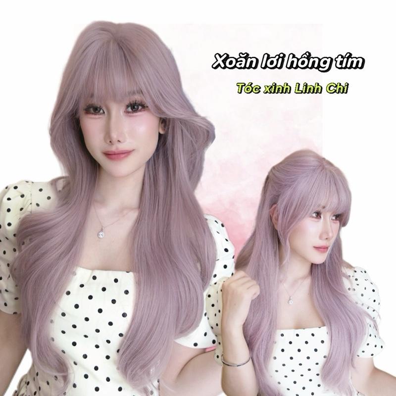  <LC06>  Tóc được cắt tỉa sẵn  Tóc giả Xoăn tầng mái pháp màu hồng tím khói  chất tóc tơ chịu nhiệt by Linh Chi wig 