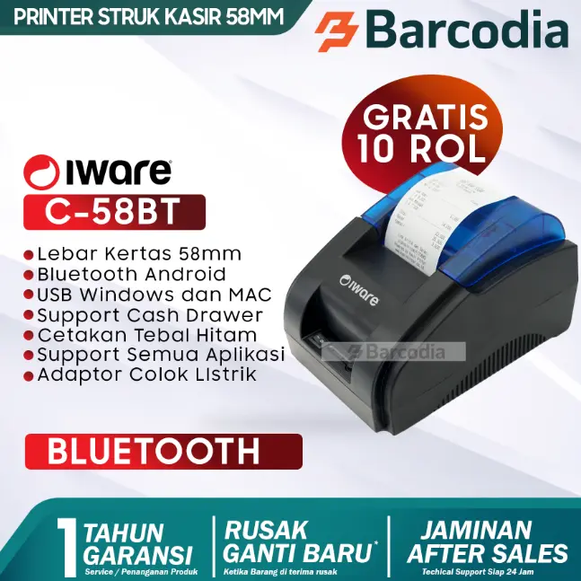 FREE 10 ROLL - Printer Bluetooth Iware C58BT - Printer Bluetooth 58mm Charger
