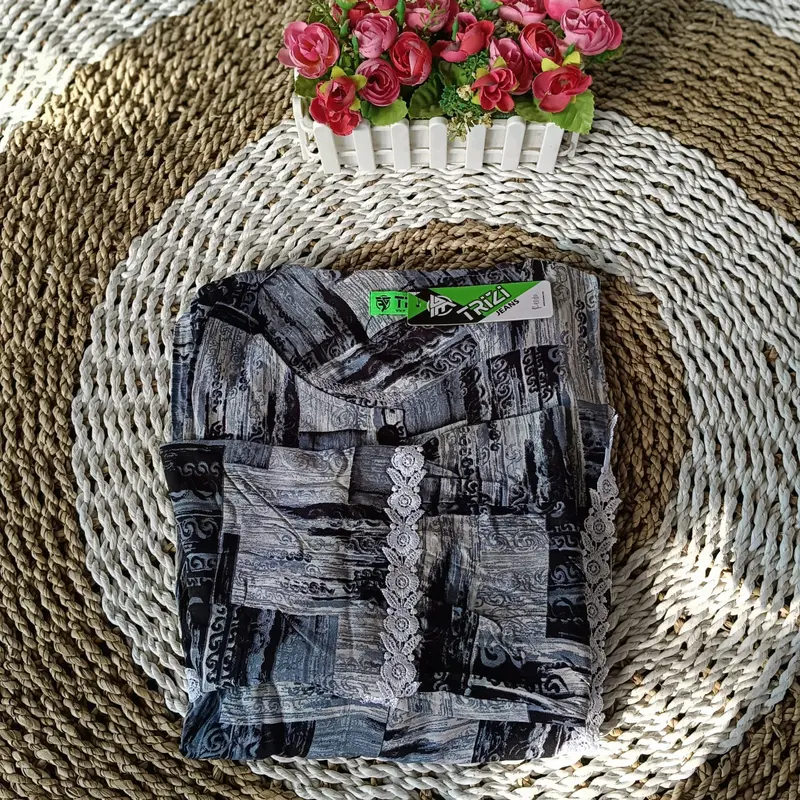 TRIZI COLLECTION - MIDI DRES RAYON VISCOSE MOTIF ABSTRAK MIX RENDA TERBARU TAHUN 2024/DRES WANITA KEKINIAN Muslim Nyaman Kancing Panjang Balon Karet 3