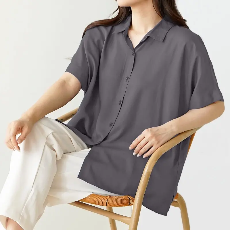 Kemeja oversize wanita polos lengan pendek / casual rayon twill shirt 4
