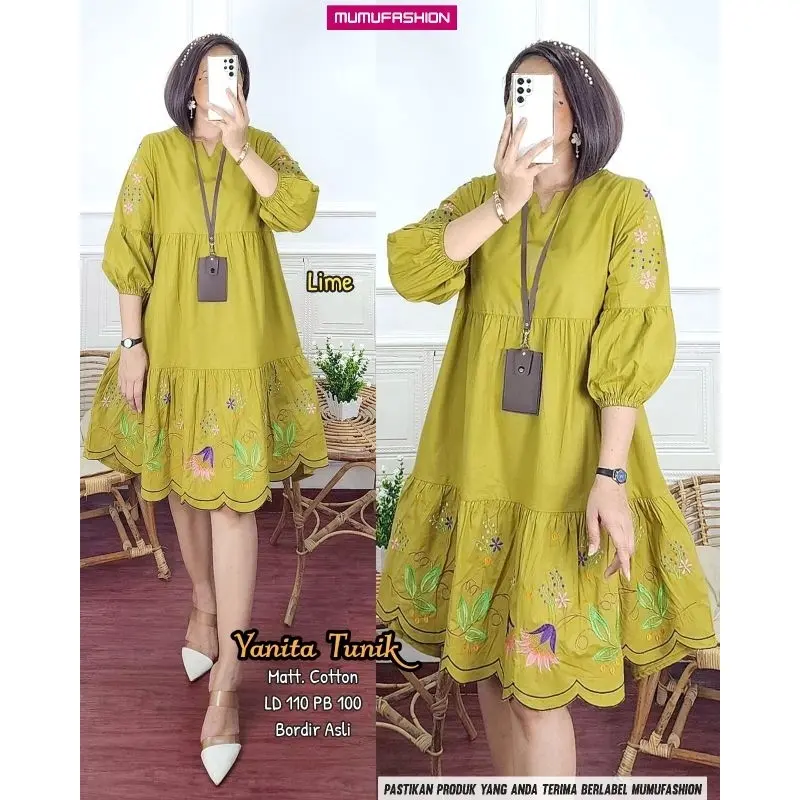 RATI - YANITA TUNIK KATUN BORDIR LD 110 Atasan Wanita simpel Nyaman Kekinian Bisa Cod by Hijab Fashion Solo Muslim Panjang