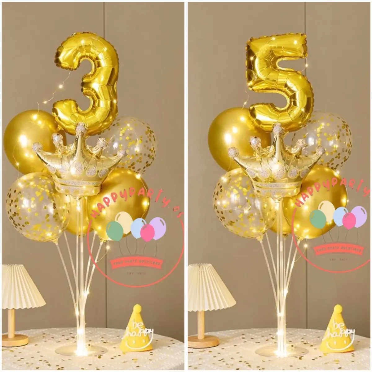 Paket Standing Balon Angka Isian Confetti Mahkota Gold