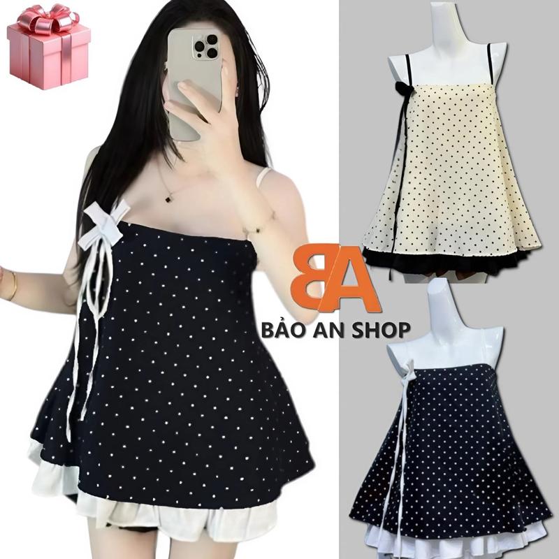 A-05 Áo 2 Dây Chấm Bi From Rỗng Babydoll Phối Nơ 2 Lớp Chất Vải Kate Lụa Size S M L Màu Đa Dạng