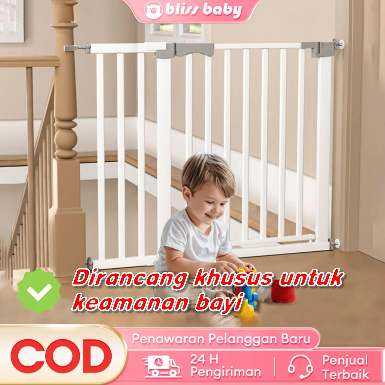 Pagar Pengaman Bayi, Penghalang Pintu & Tangga Mudah Dipasang Kunci 2 Arah Tidak Perlu Mengebor Cocok untuk Pintu Dapur dan Tangga