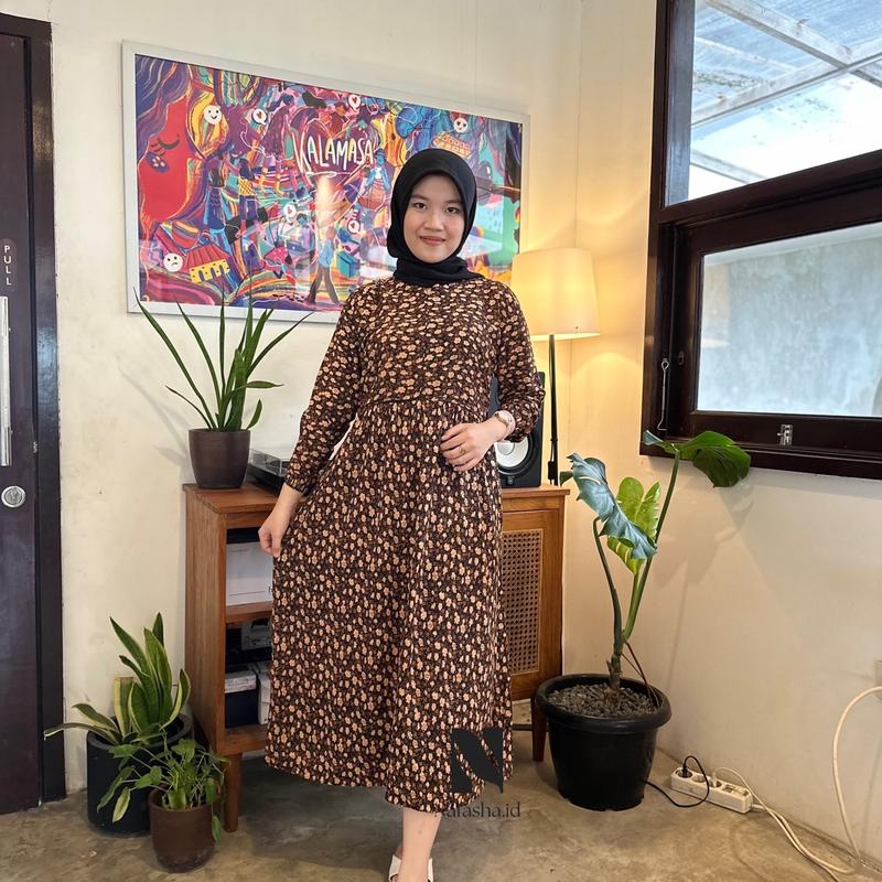 Midi Dress Flowers Busui Frendly Santai Rayon Premium Motif Bunga Cantik Nyaman Menyusui Muslim Baju Gamis Casual Katun Panjang Samping Lembut 3
