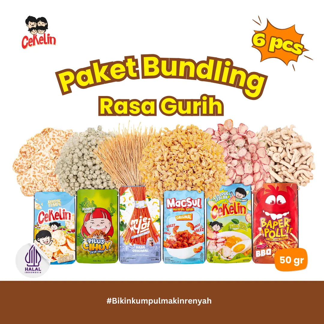 CEKELIN Cemilan Paket Bundling 6pcs Makaroni Mie Lidi Basreng Keripik Tempe Pilus Kerupuk Seblak  Snack Food Pedas