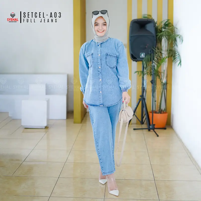 Setcel - A03 SYEHAL COLLECTION- Oneset / Setcel Kemeja Wanita Full Jeans - Setelan Pakaian Wanita Denim Baju Panjang 1