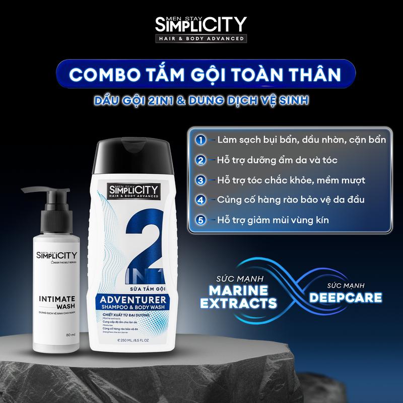 Combo Sữa tắm gội 2 in 1 cho nam Adventurer 250ml và Dung dịch vệ sinh nam 80ml Men Stay Simplicity Hair and Body Advanced