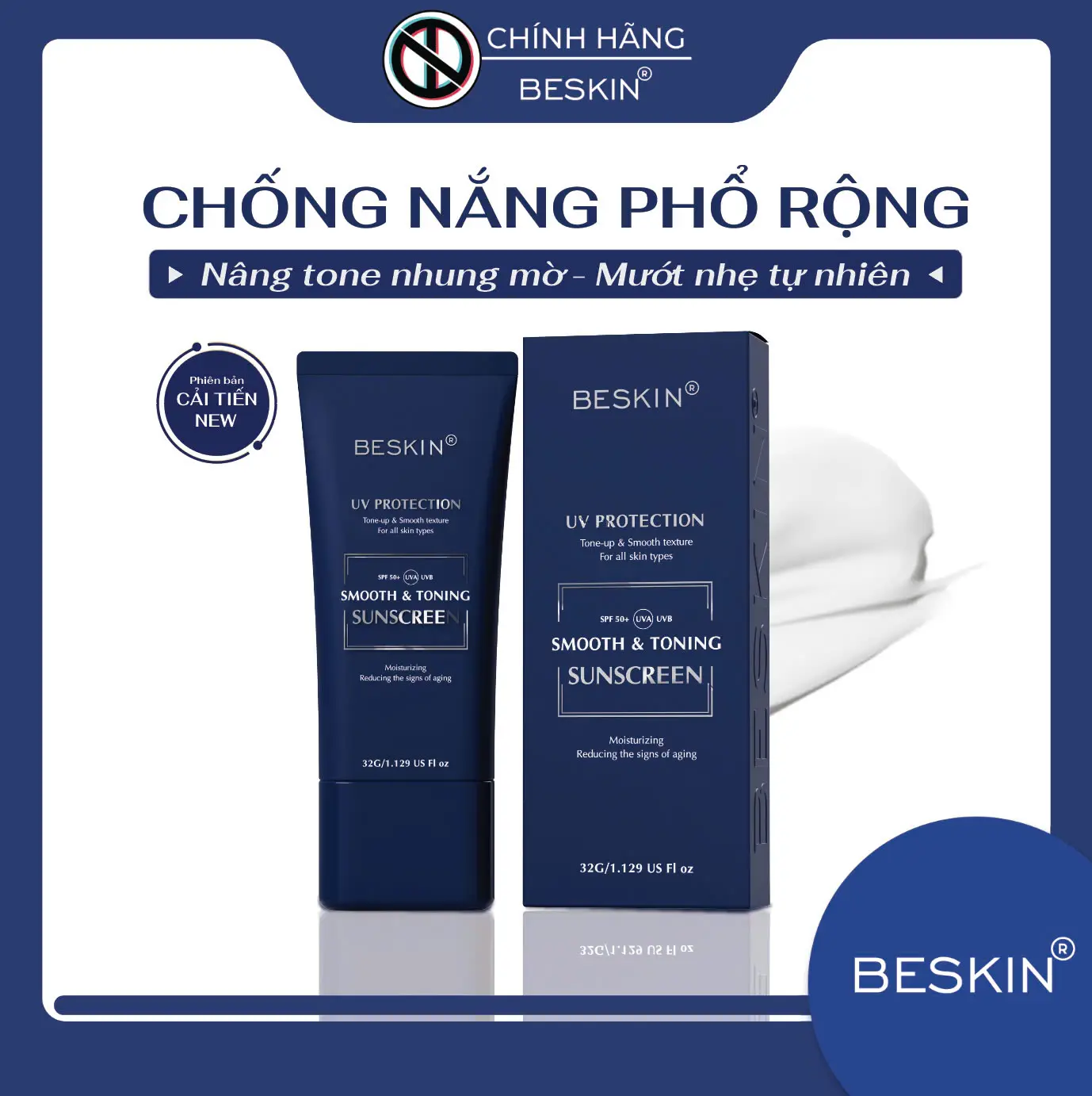 [Be - 01] Kem Chống Nắng Chống Nắng Phổ Rộng "Smooth & Toning Sunscreen" Spf 50+ - Dung Tích: 32G - Thương Hiệu: Beskin - Skincare Sun Cream Chăm Sóc Da