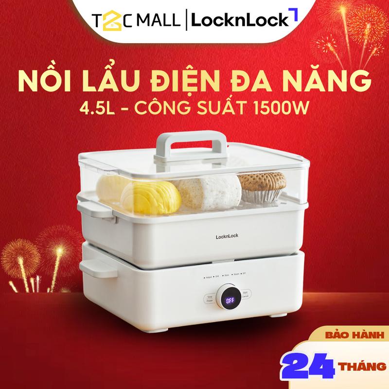 Nồi Lẩu Điện Đa Năng LocknLock, Nồi Hấp Nướng Điện 2 Tầng Chống Dính , Phủ Sứ, Có Tay Cầm Cách Nhiệt EJP154IVY - T2C Mall Nồi Điện Nấu Ăn