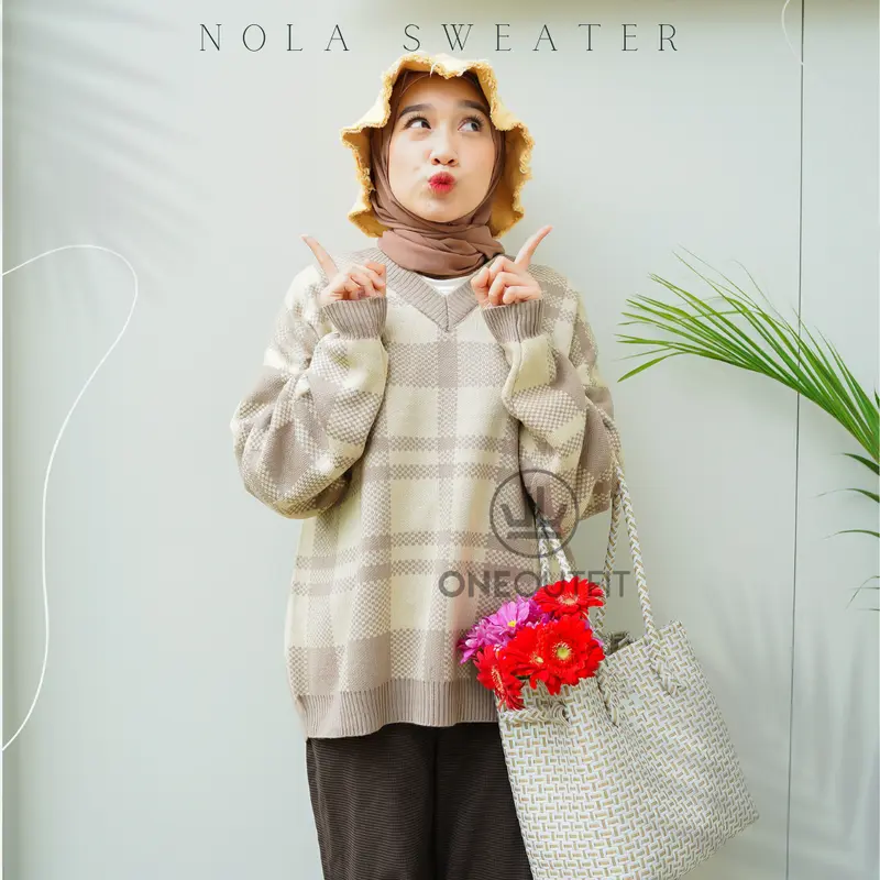 Oneoutfit Sweater Rajut Wanita Premium Terbaru Motif Kotak Nola Oversize Bahan Knit Halus Lembut 7