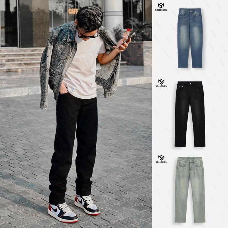  SONOMEN - Quần Jeans Nam 4 Màu   Đen Xanh Blue Xanh Retro Đen Wash   Cạp Cao Ống Đứng Chất Liệu Jeans Cao Cấp Menswear Đen - Sơn Tóc Bạc 