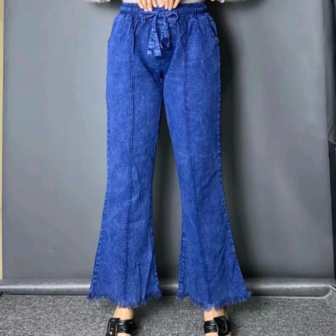 Celana Cutbray Wanita Jeans Model Highwaist Kekinian Bawahan Cewek Casual Pinggang Karet Panjang Nyaman Hitam Dewasa Denim 2